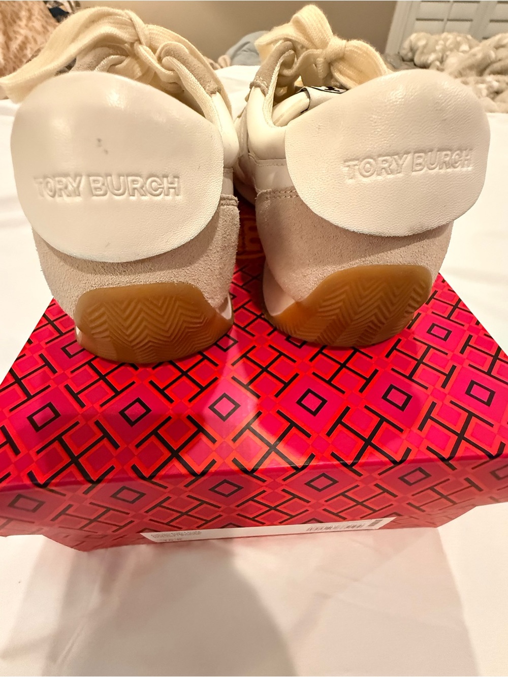 Tory Burch Cream & Beige Leather Suede Low-Top Sneakers - Picture 5 of 6